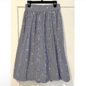 Blue and White Striped Midi Skirt with Daisies